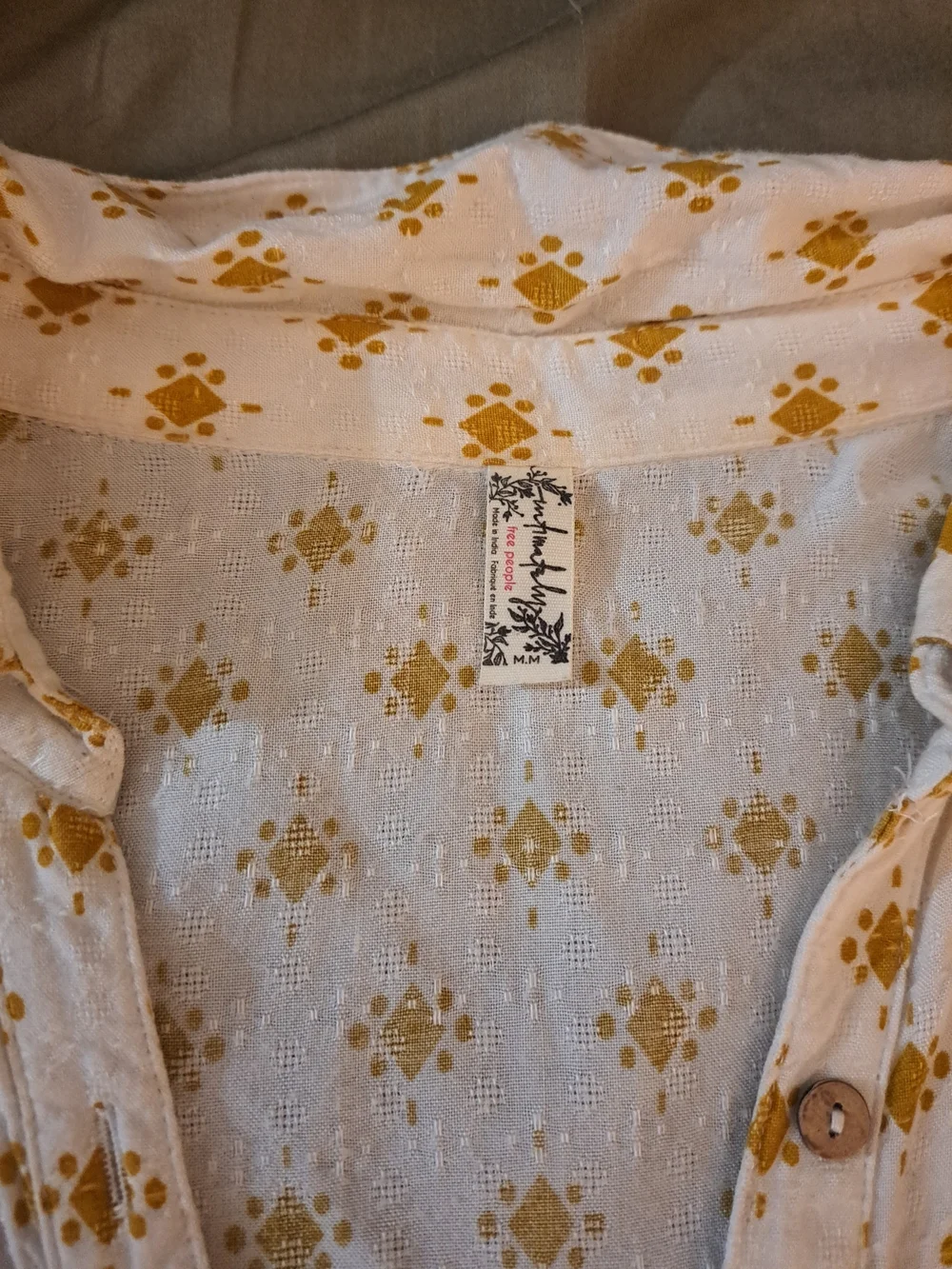 NWOT- M- Free People Linen White Top with Mustard Diamond Print
